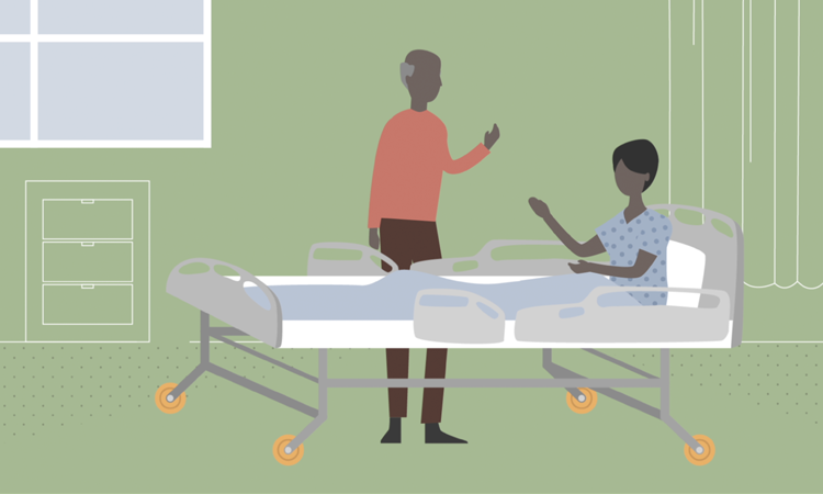 Illustrated visitor with patient in hospital bed